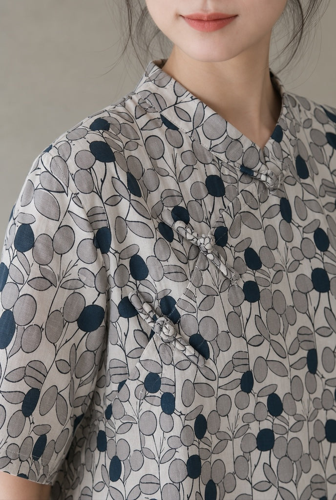 Black & Grey Leafy Cheongsam Samfoo Top