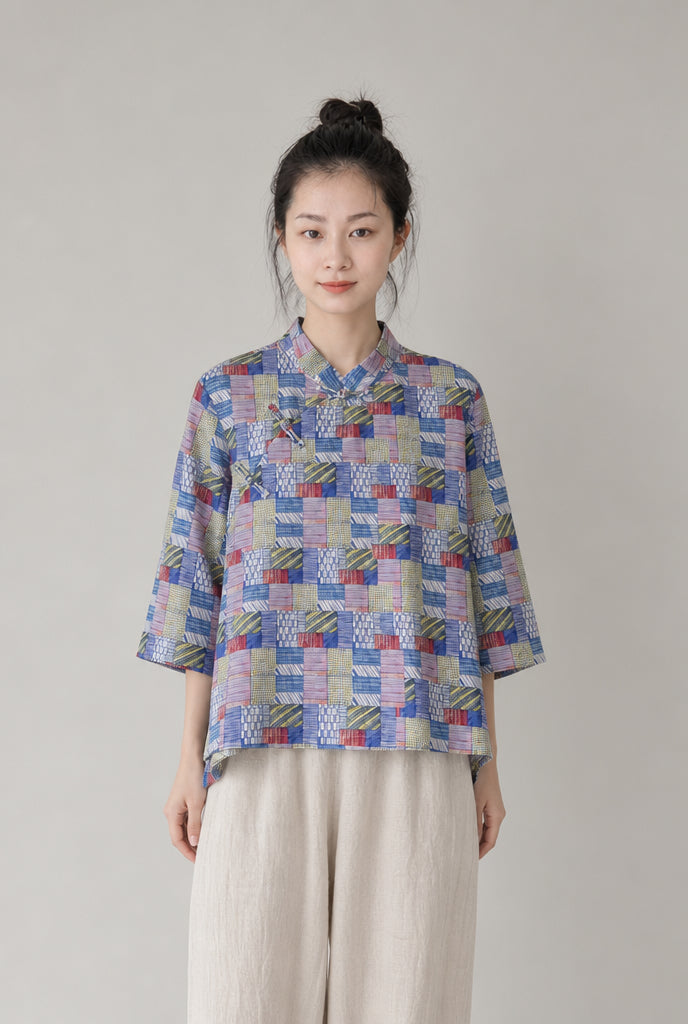 Blue Patchwork Print Cheongsam Samfoo Top