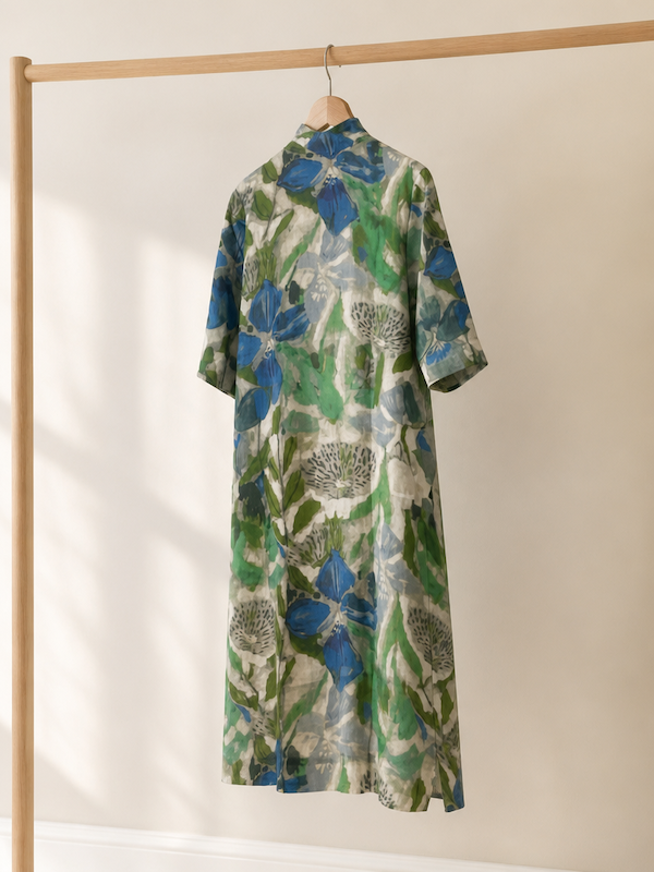 Blue and Green Floral Print Cheongsam Dress