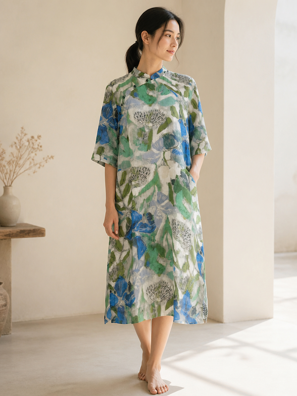 Blue and Green Floral Print Cheongsam Dress