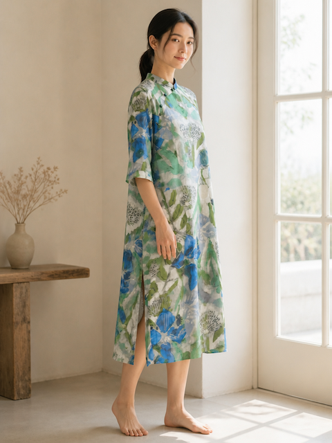 Blue and Green Floral Print Cheongsam Dress