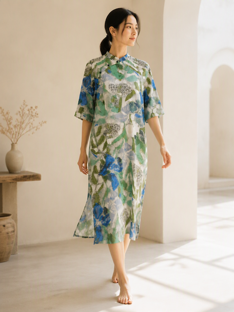 Blue and Green Floral Print Cheongsam Dress