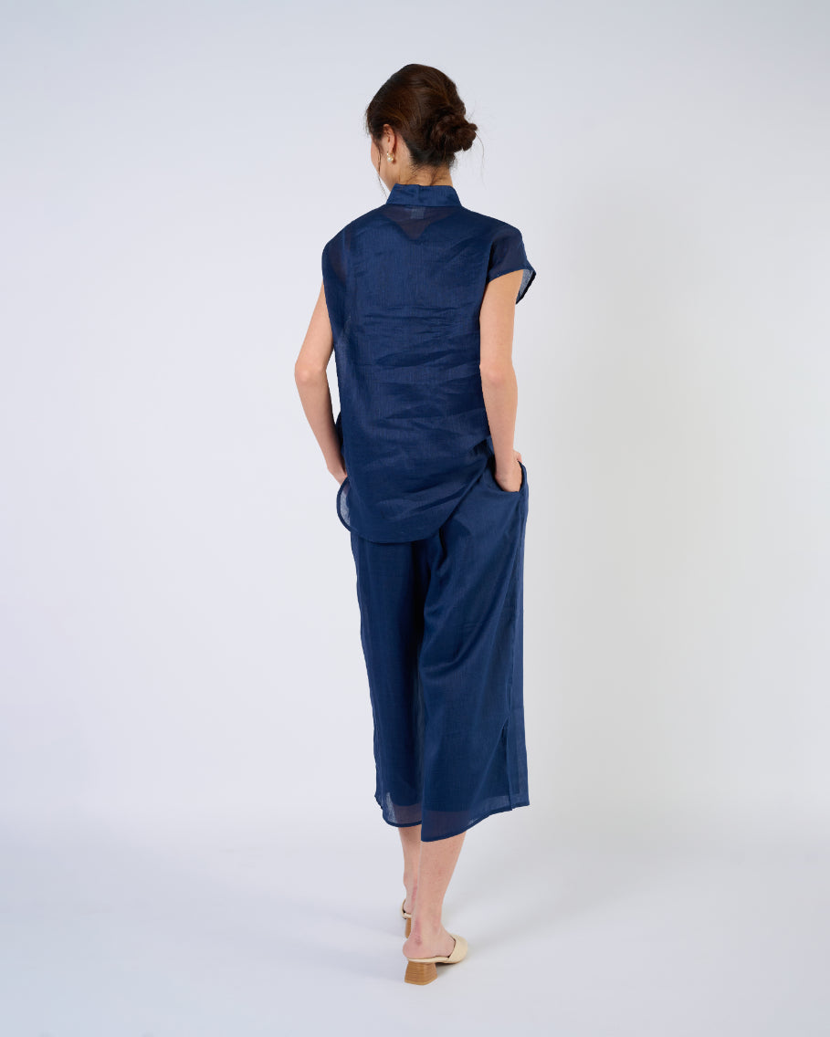 Cap Sleeve Ramie Cheongsam Top in Dark Blue