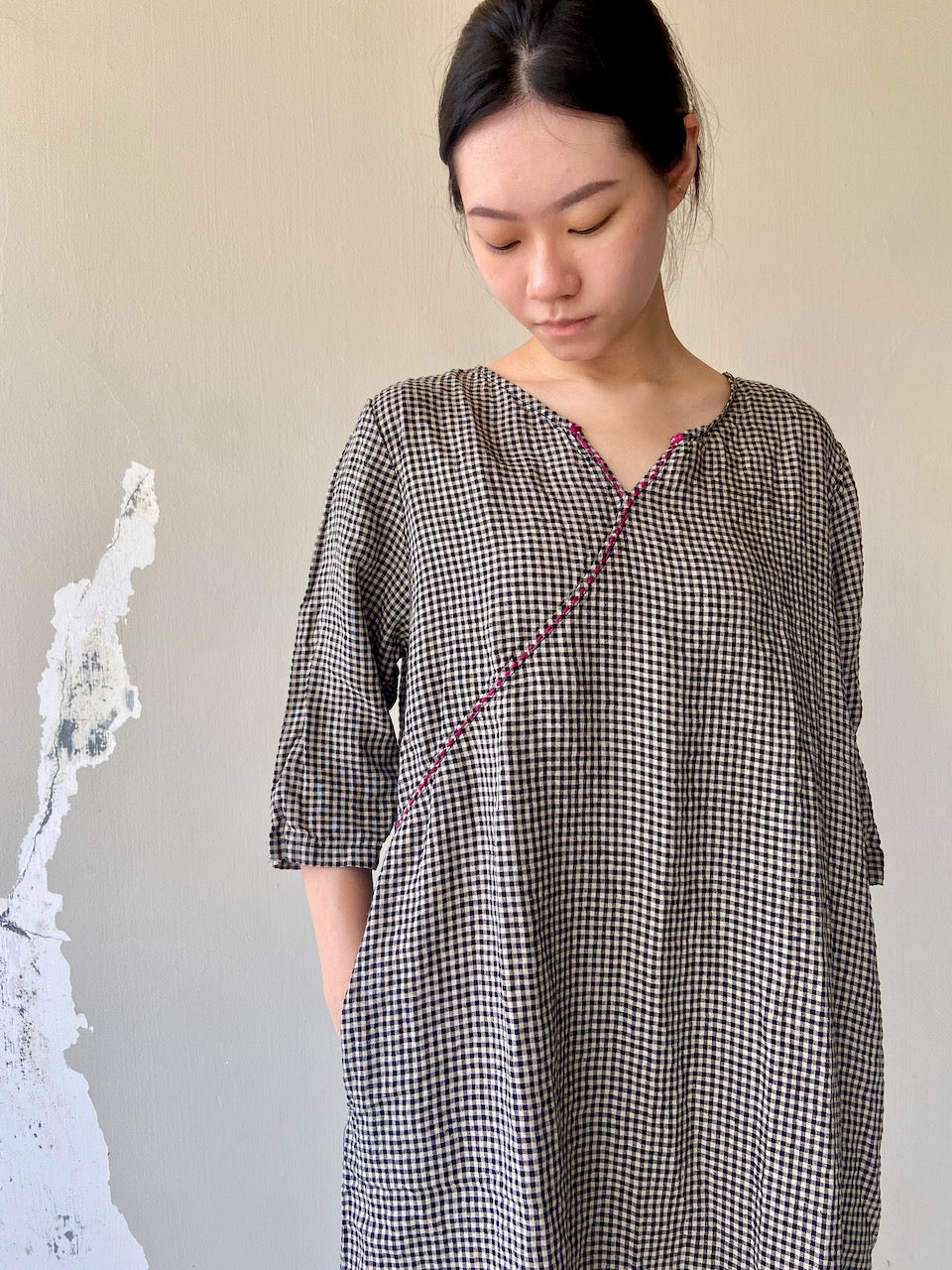 Checked Cheongsam Qipao Linen Dress