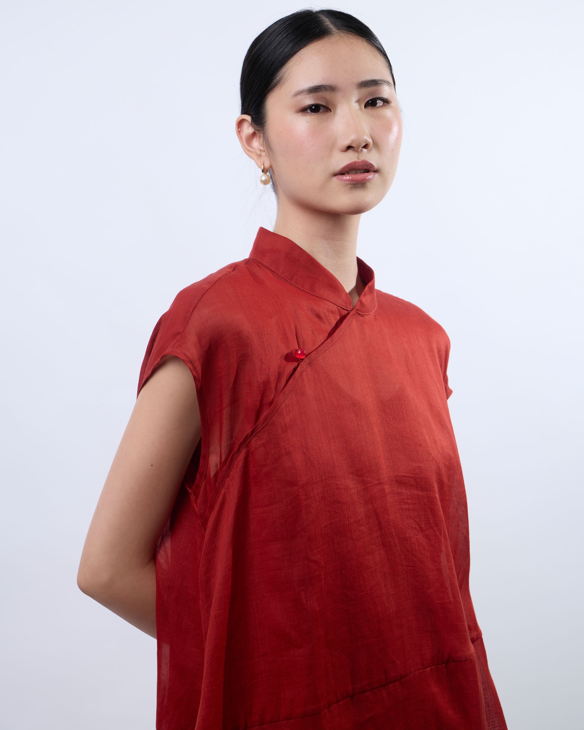 Cheongsam Cocoon Dress in Brick Red