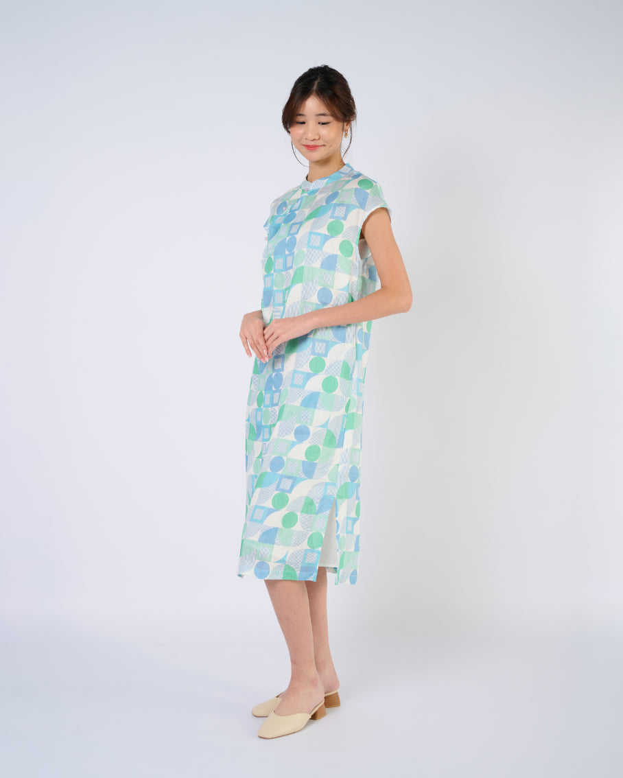 Cap Sleeve Linen Cheongsam Dress in Green Geometric