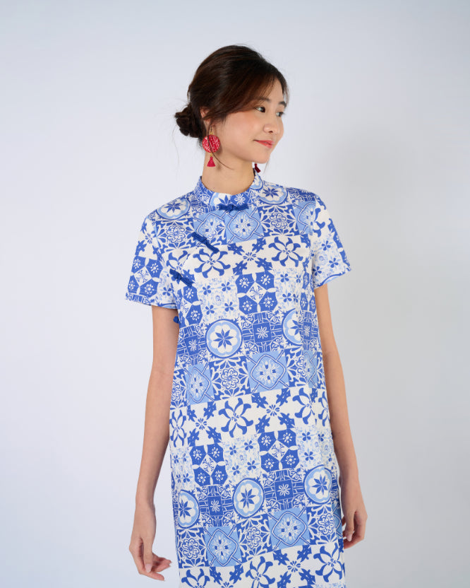 Cheongsam Midi Dress in Blue Tiles