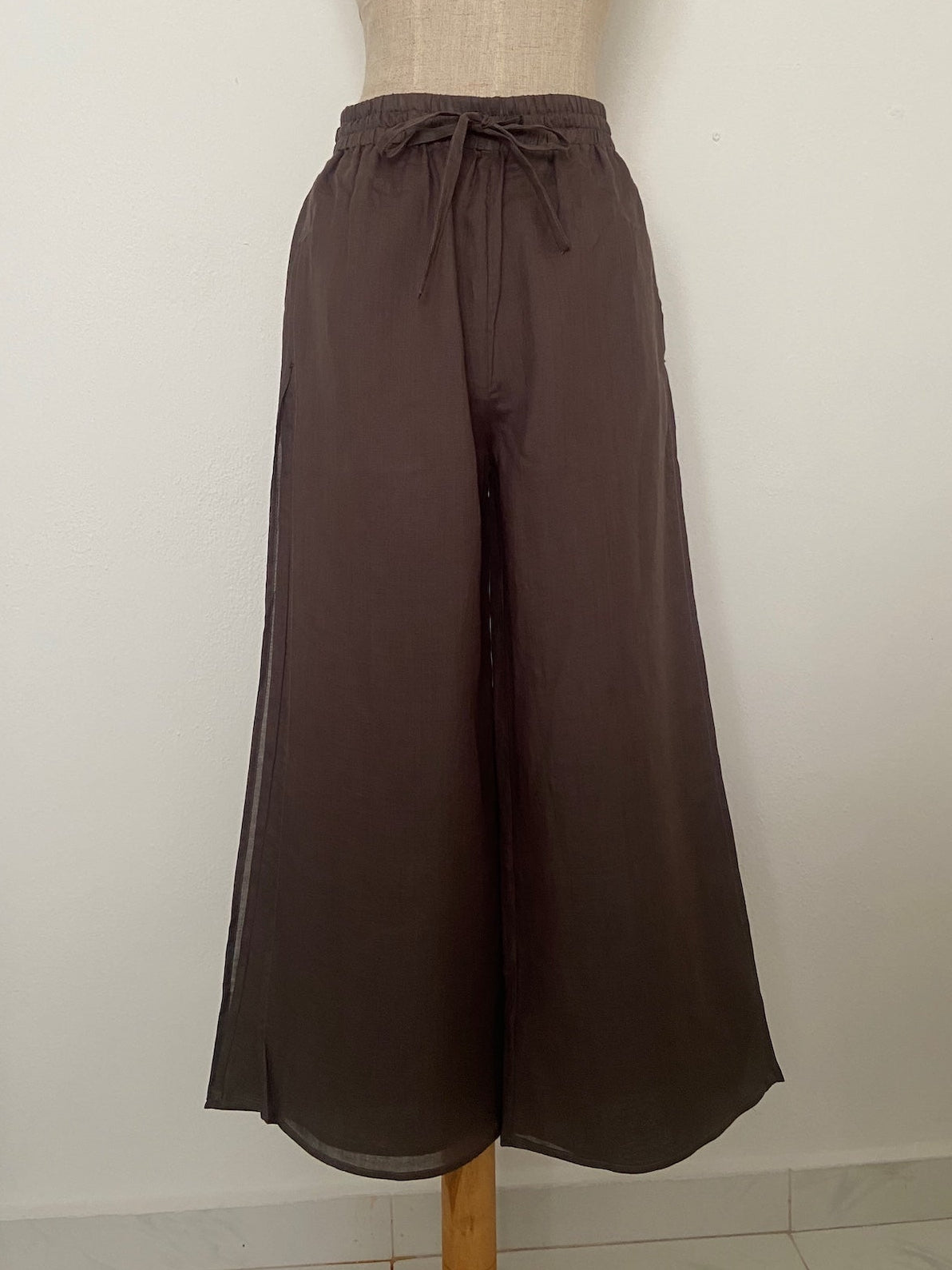 Double Layered Ramie Pants in Dark Brown