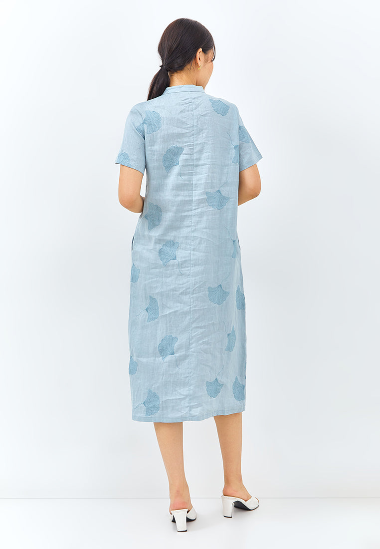 Embroidered Linen Cheongsam Dress in Light Blue