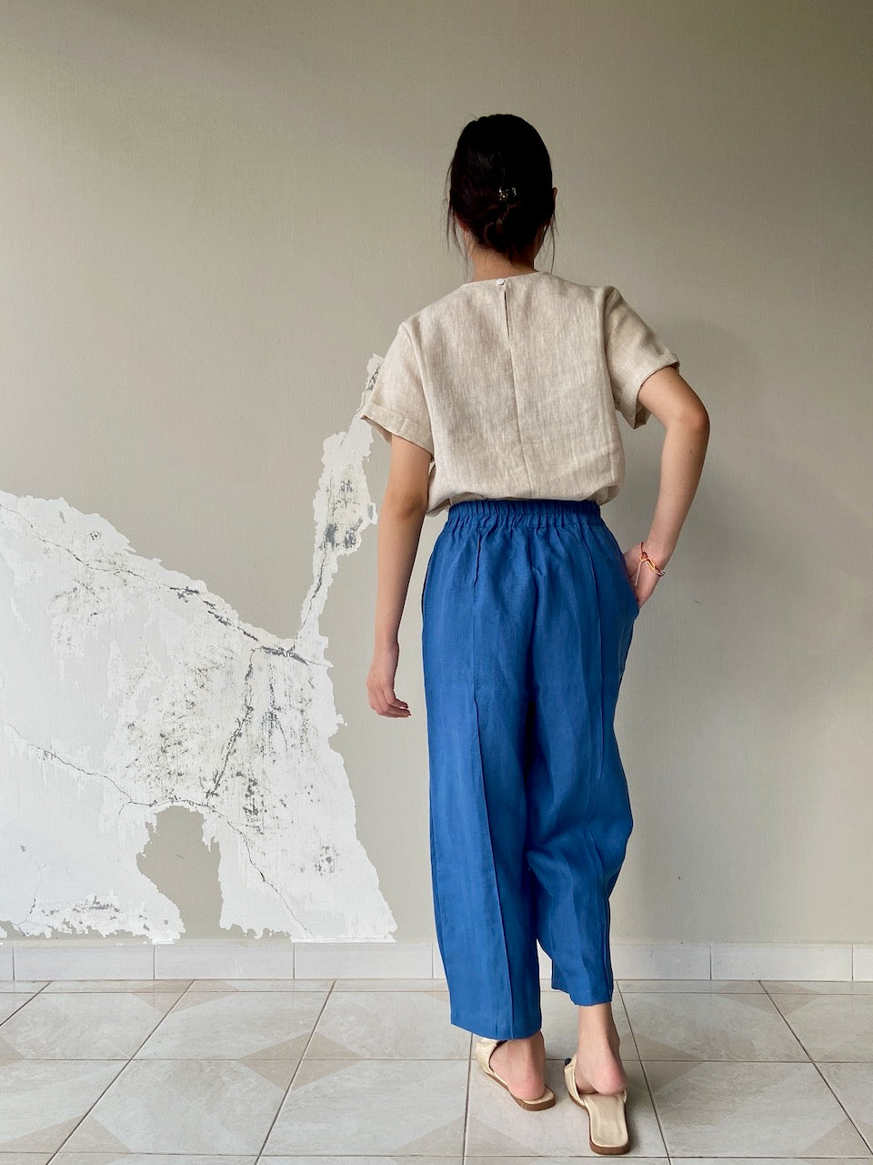 Linen Harem Pants in Dark Blue