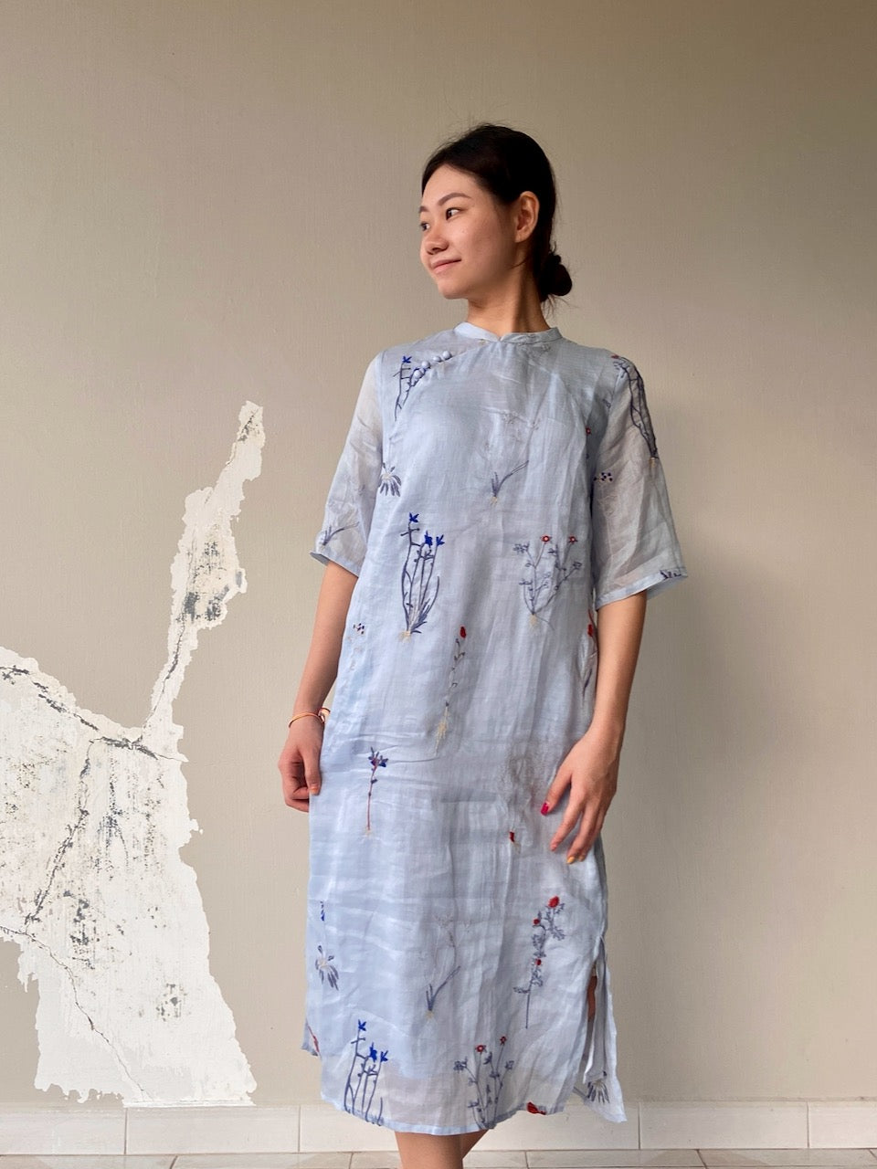 Light Blue Floral Embroidered Cheongsam Qipao Dress