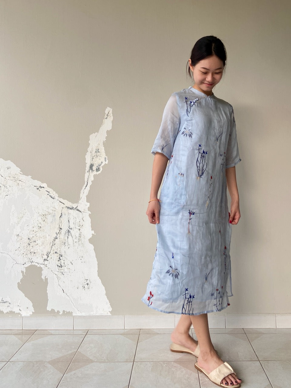 Light Blue Floral Embroidered Cheongsam Qipao Dress