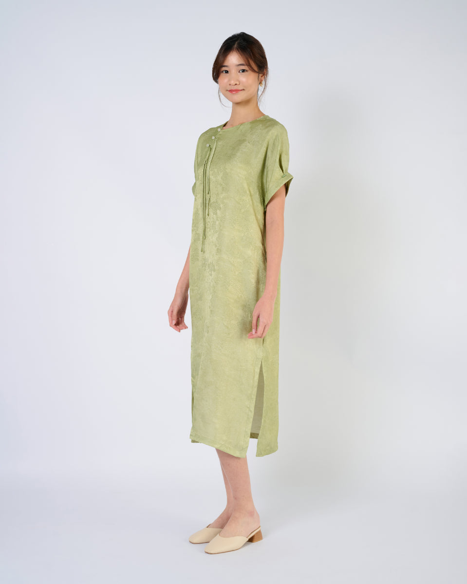 Bamboo Green Jacquard Silk Cheongsam Dress