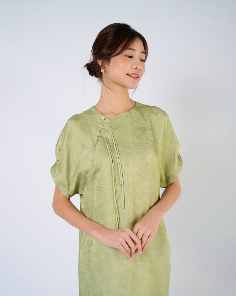 Bamboo Green Jacquard Silk Cheongsam Dress