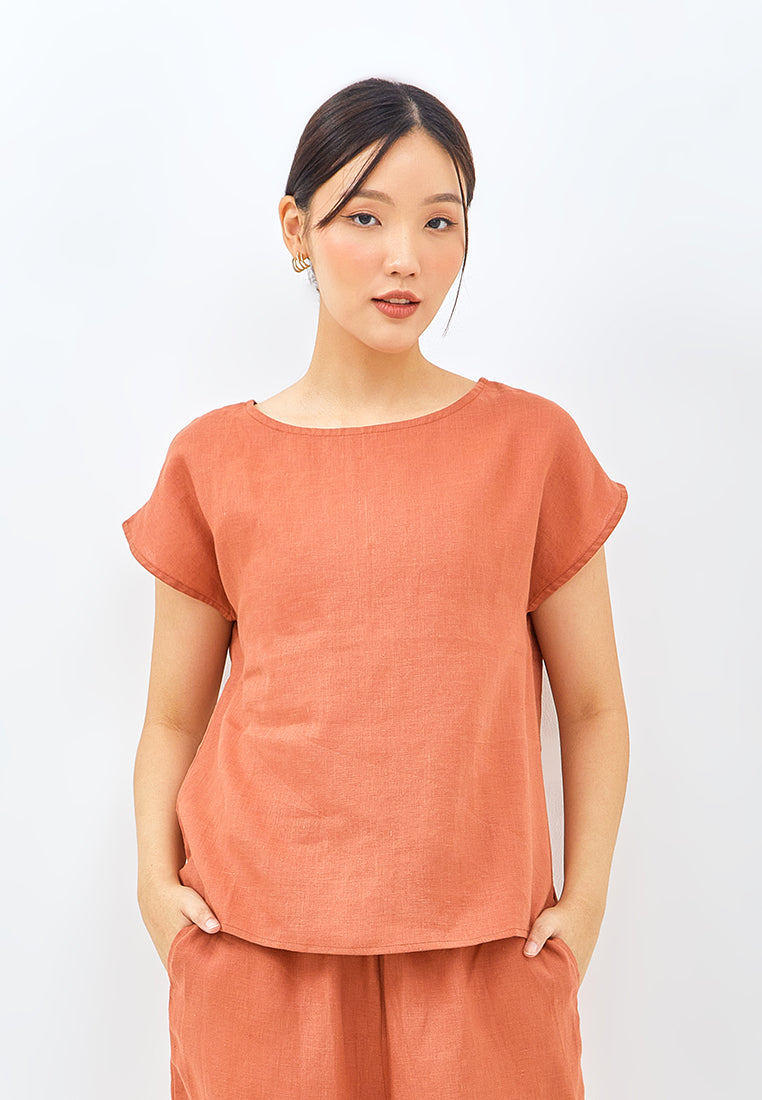 Linen Short Sleeve Top in Burnt Orange