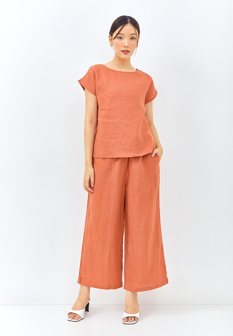 Linen Short Sleeve Top in Burnt Orange