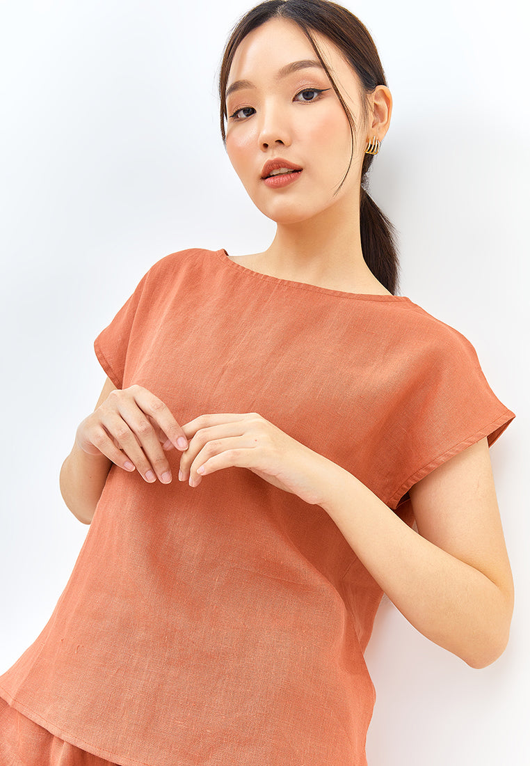 Linen Short Sleeve Top in Burnt Orange