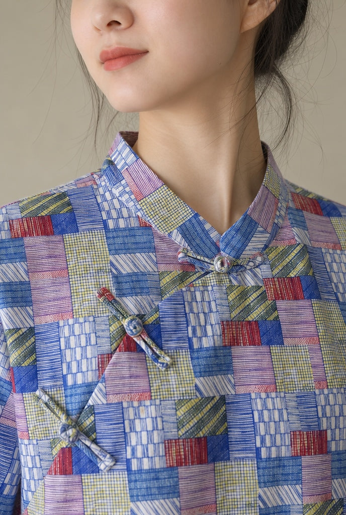 Blue Patchwork Print Cheongsam Samfoo Top