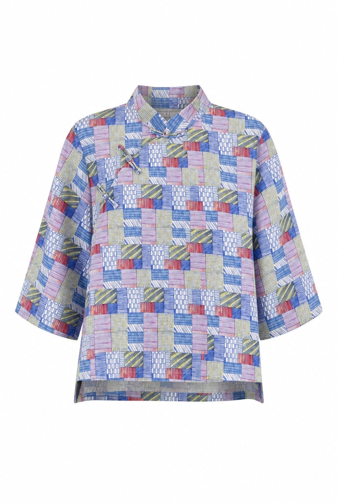 Blue Patchwork Print Cheongsam Samfoo Top