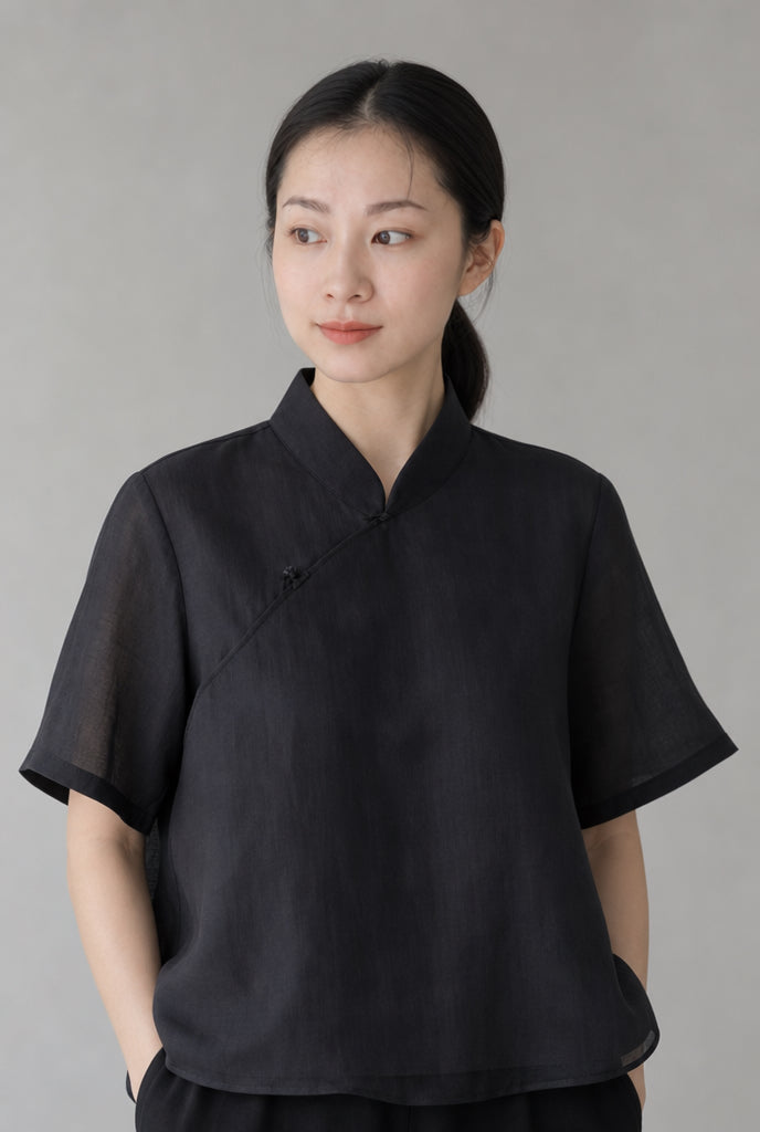Short Sleeve Ramie Cheongsam Top in Black