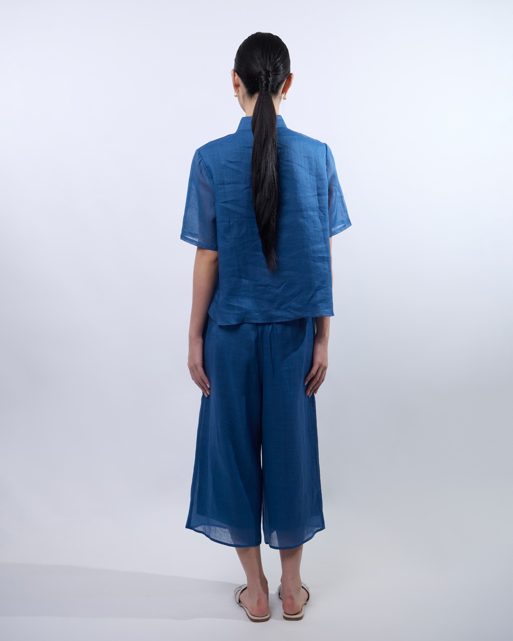 Short Sleeve Ramie Cheongsam Top in Blue