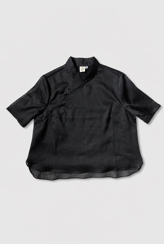 Short Sleeve Ramie Cheongsam Top in Black