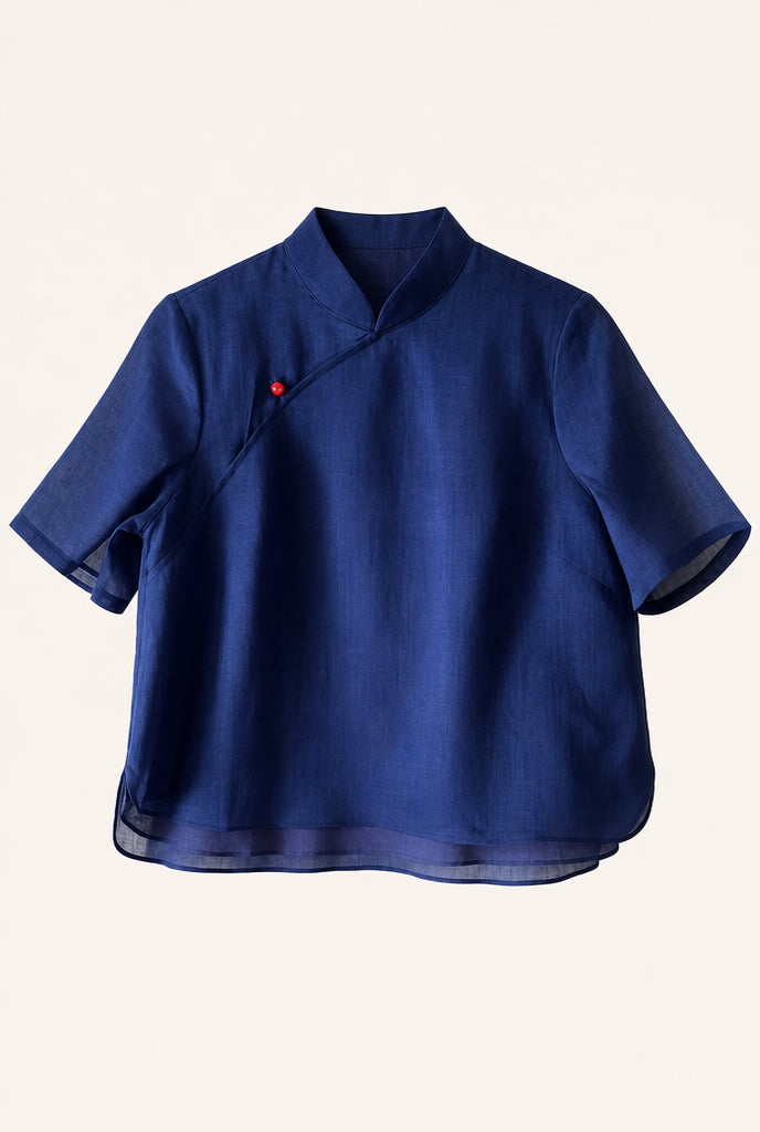 Short Sleeve Ramie Cheongsam Top in Dark Blue