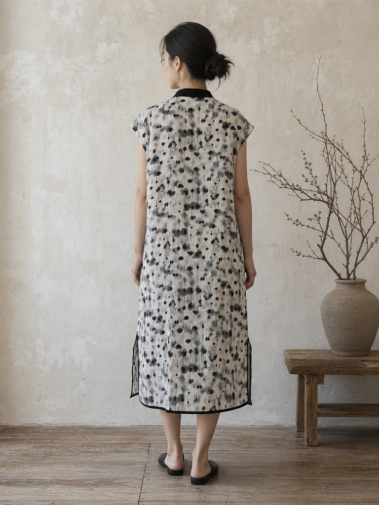 Cap Sleeve Cheongsam Dress in Abstract Ink