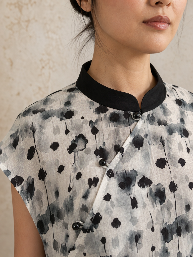 Cap Sleeve Cheongsam Dress in Abstract Ink