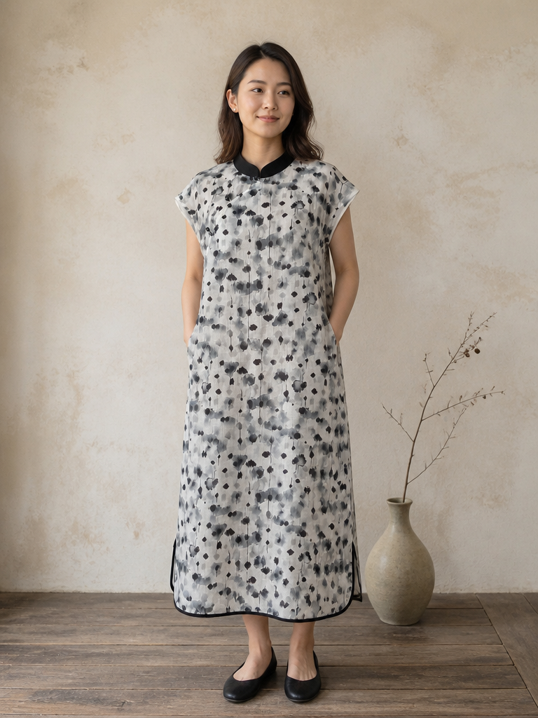 Cap Sleeve Cheongsam Dress in Abstract Ink