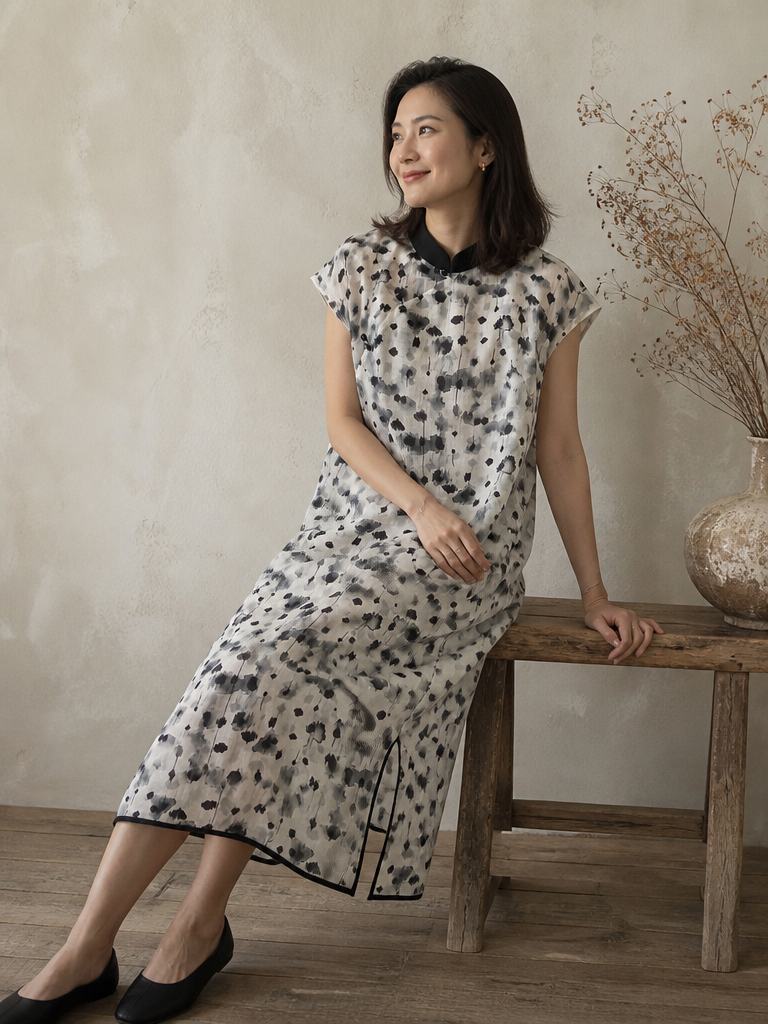Cap Sleeve Cheongsam Dress in Abstract Ink