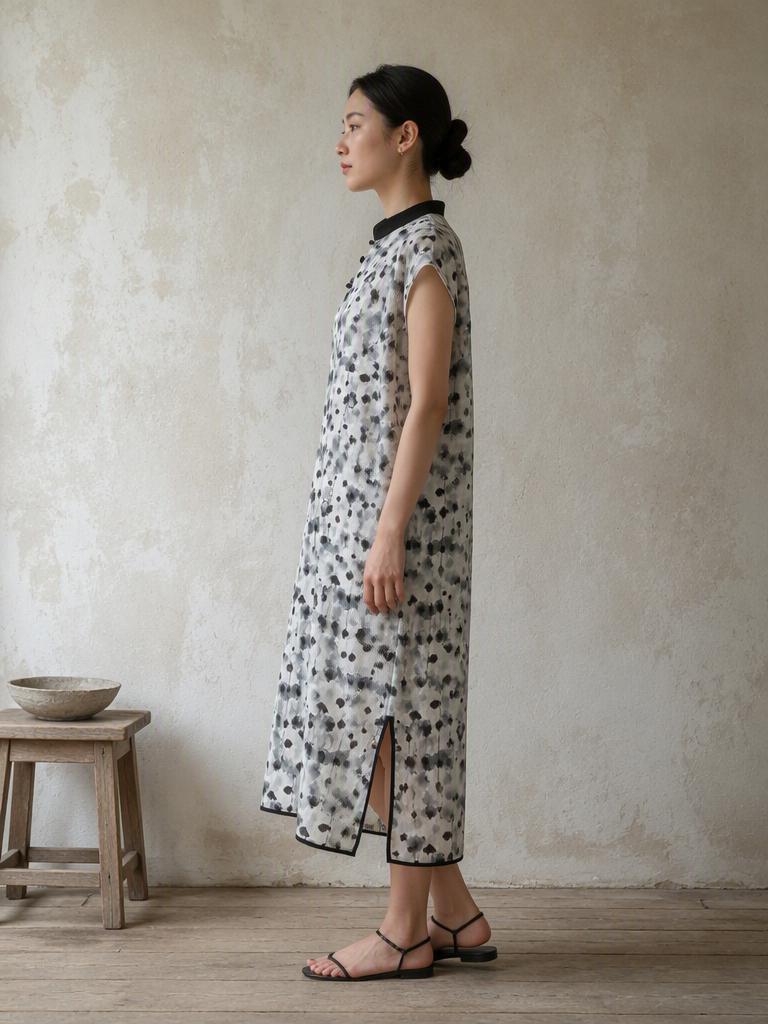 Cap Sleeve Cheongsam Dress in Abstract Ink