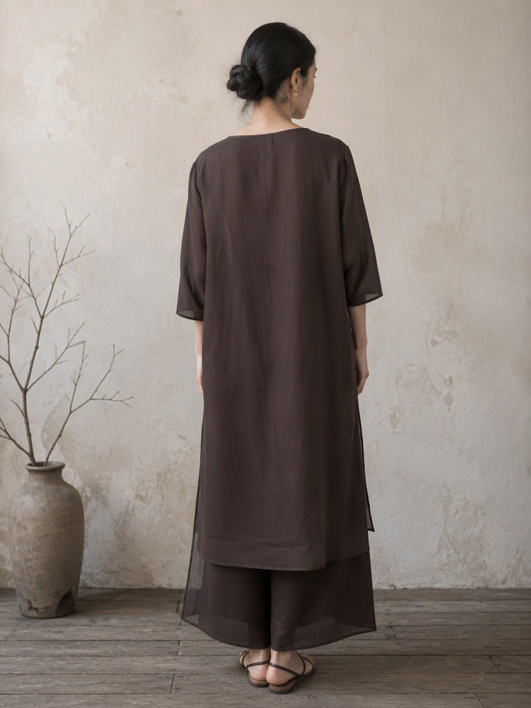 V-neck Ramie Long Top in Dark Brown