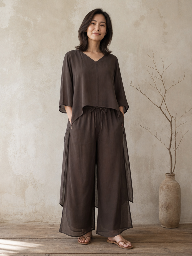 V-neck Ramie Long Top in Dark Brown