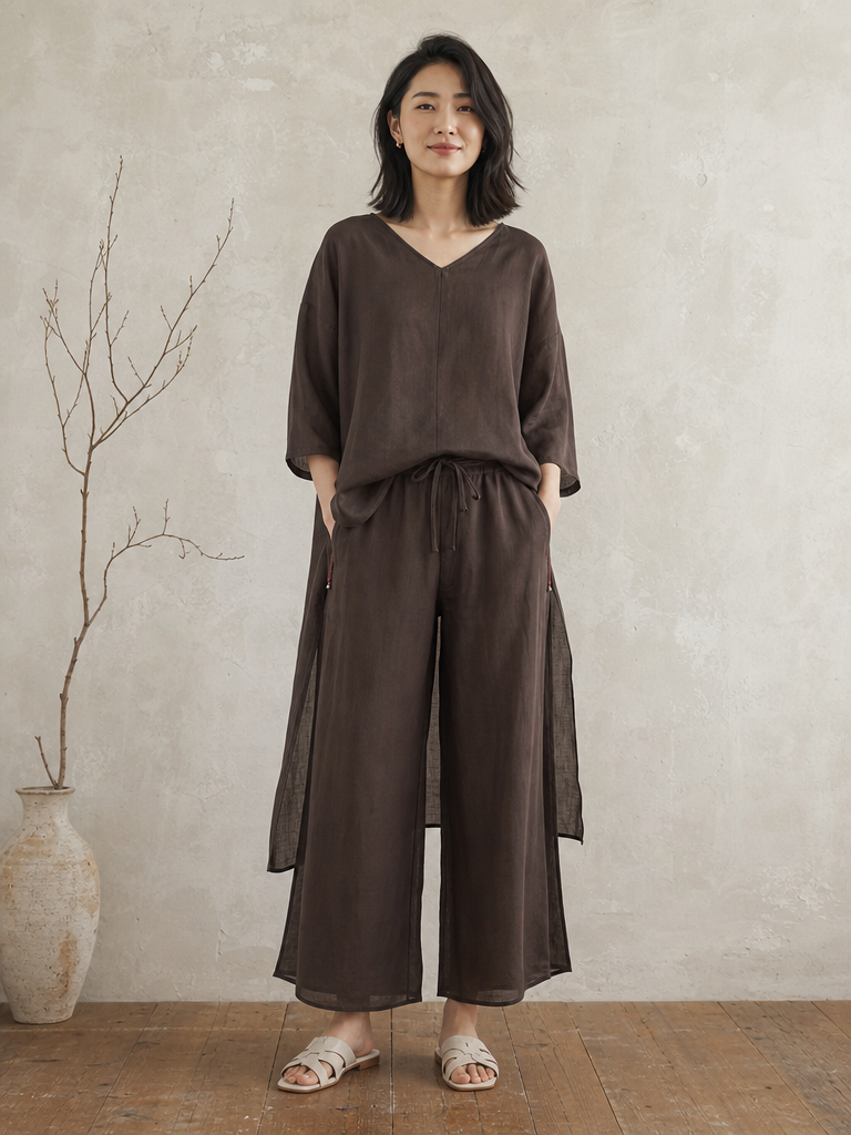 V-neck Ramie Long Top in Dark Brown