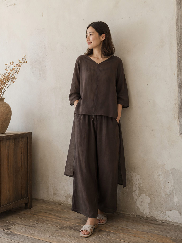 V-neck Ramie Long Top in Dark Brown