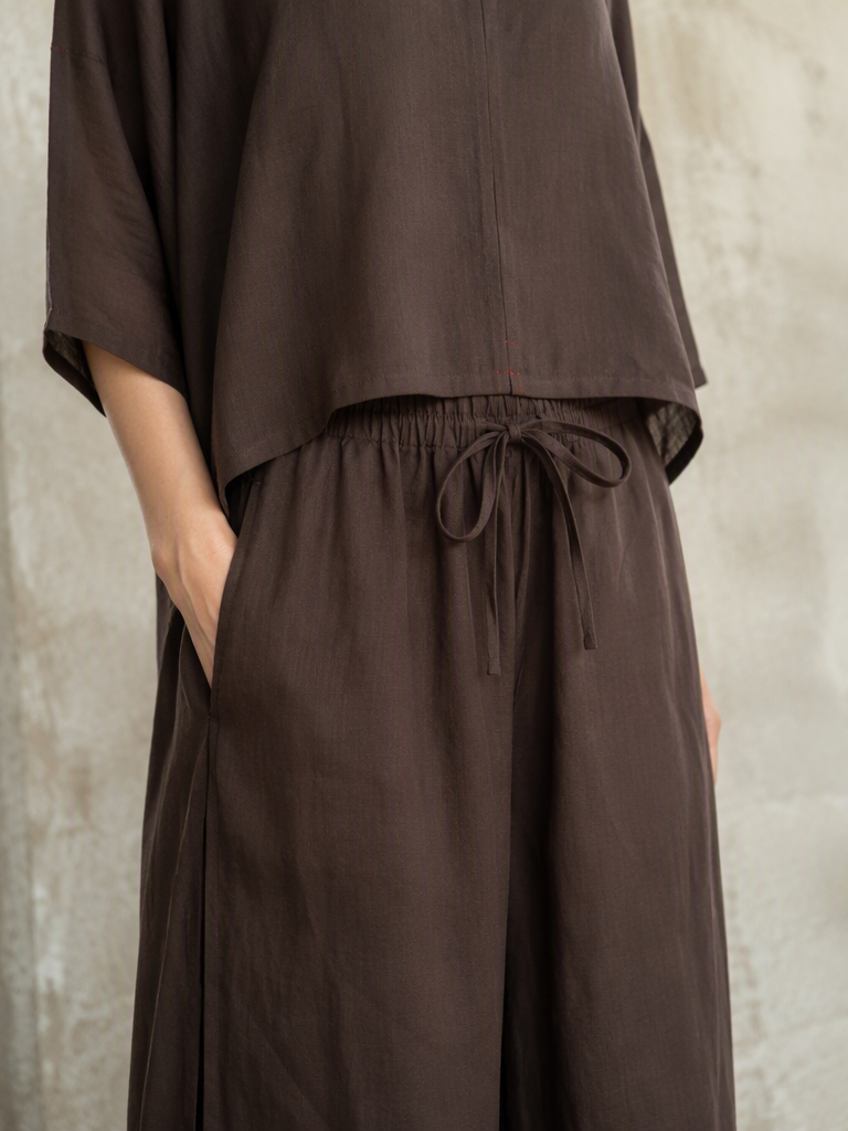 Double Layered Ramie Pants in Dark Brown