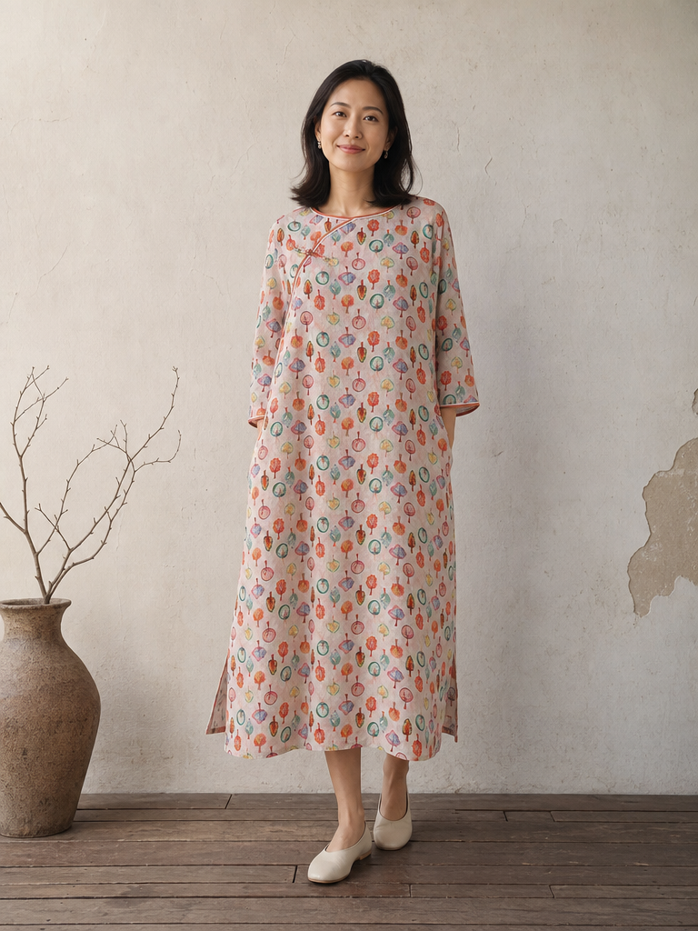 Multicolour Botanical Print 3/4 Sleeve Cheongsam Dress
