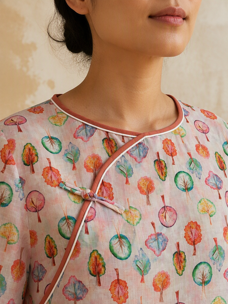 Multicolour Botanical Print 3/4 Sleeve Cheongsam Dress