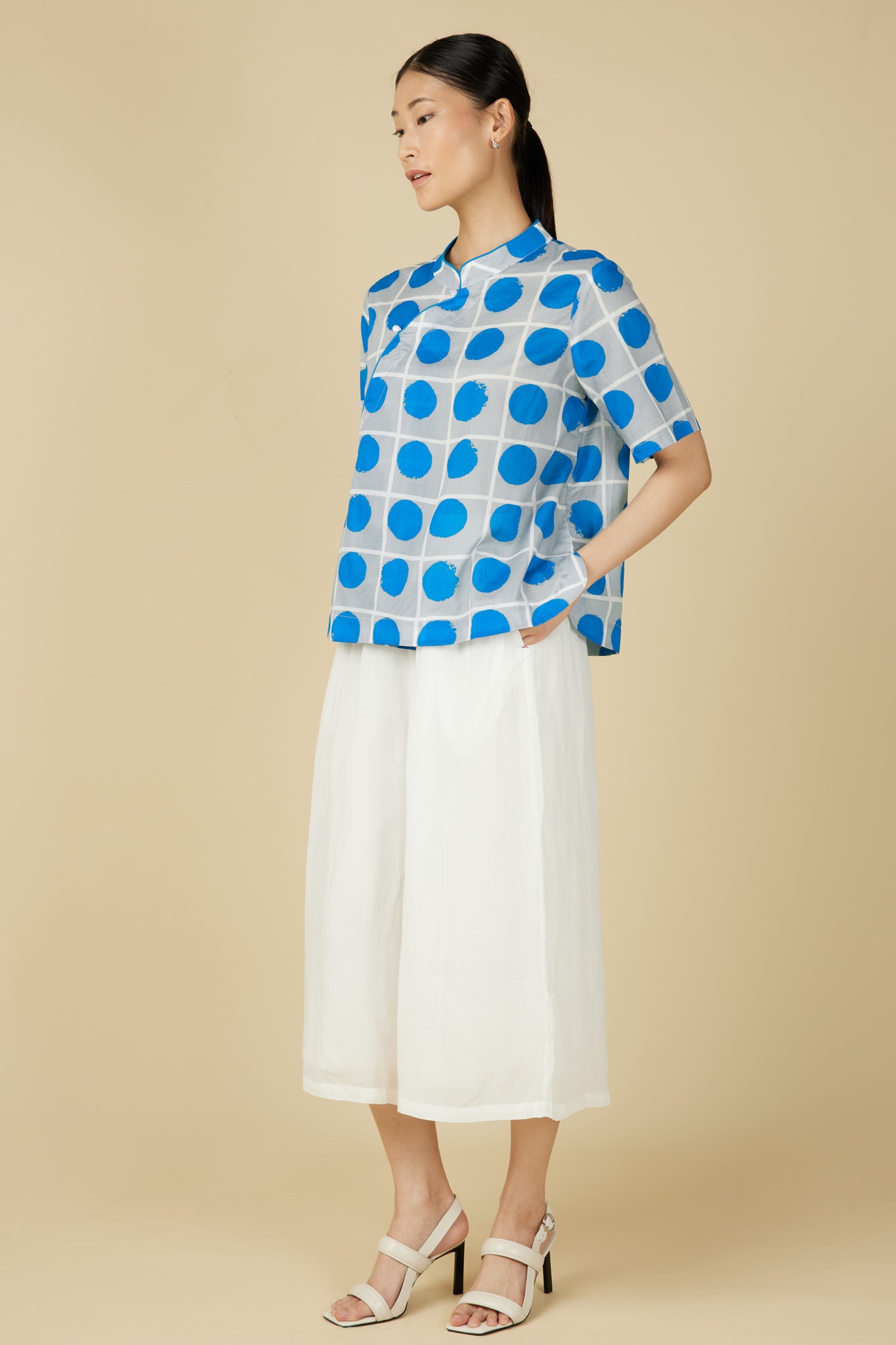 Short Sleeve Cheongsam Top - Blue Polka Dot