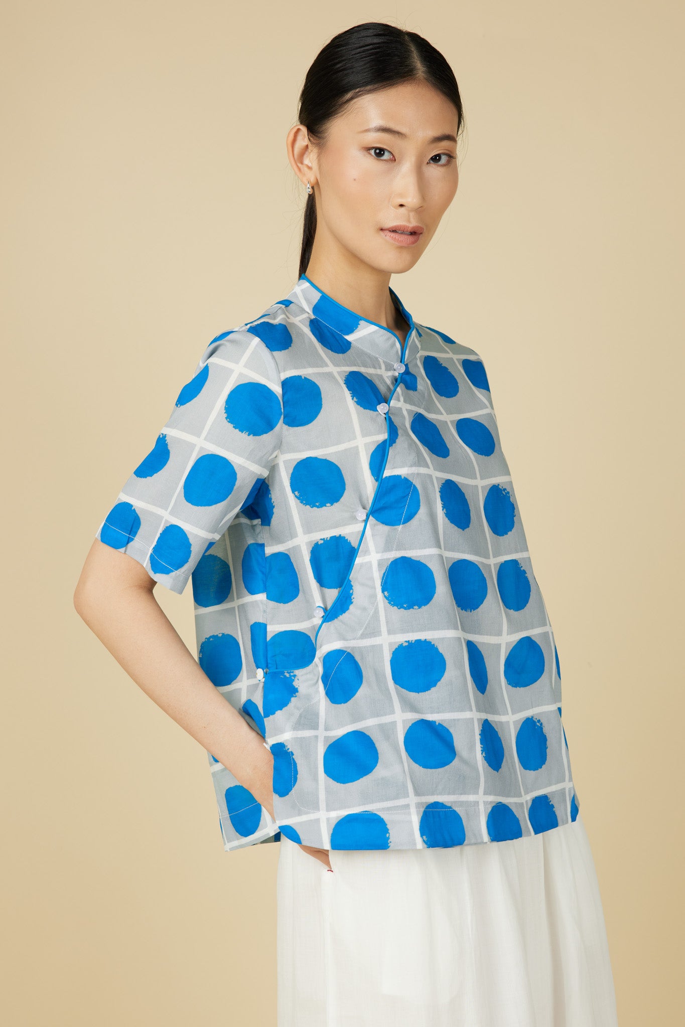 Short Sleeve Cheongsam Top - Blue Polka Dot