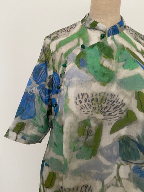 Blue and Green Floral Print Cheongsam Dress