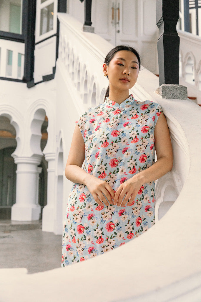 Retro Blue Peony Print Cap Sleeve Cheongsam Dress