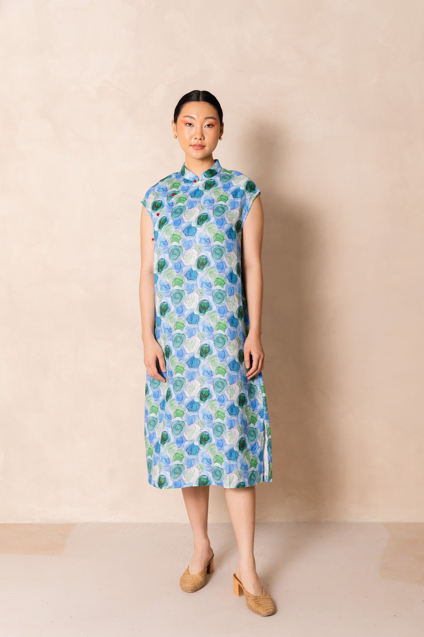 Water Colour Blue Rose Print Cap Sleeve Cheongsam Dress, available on You Living