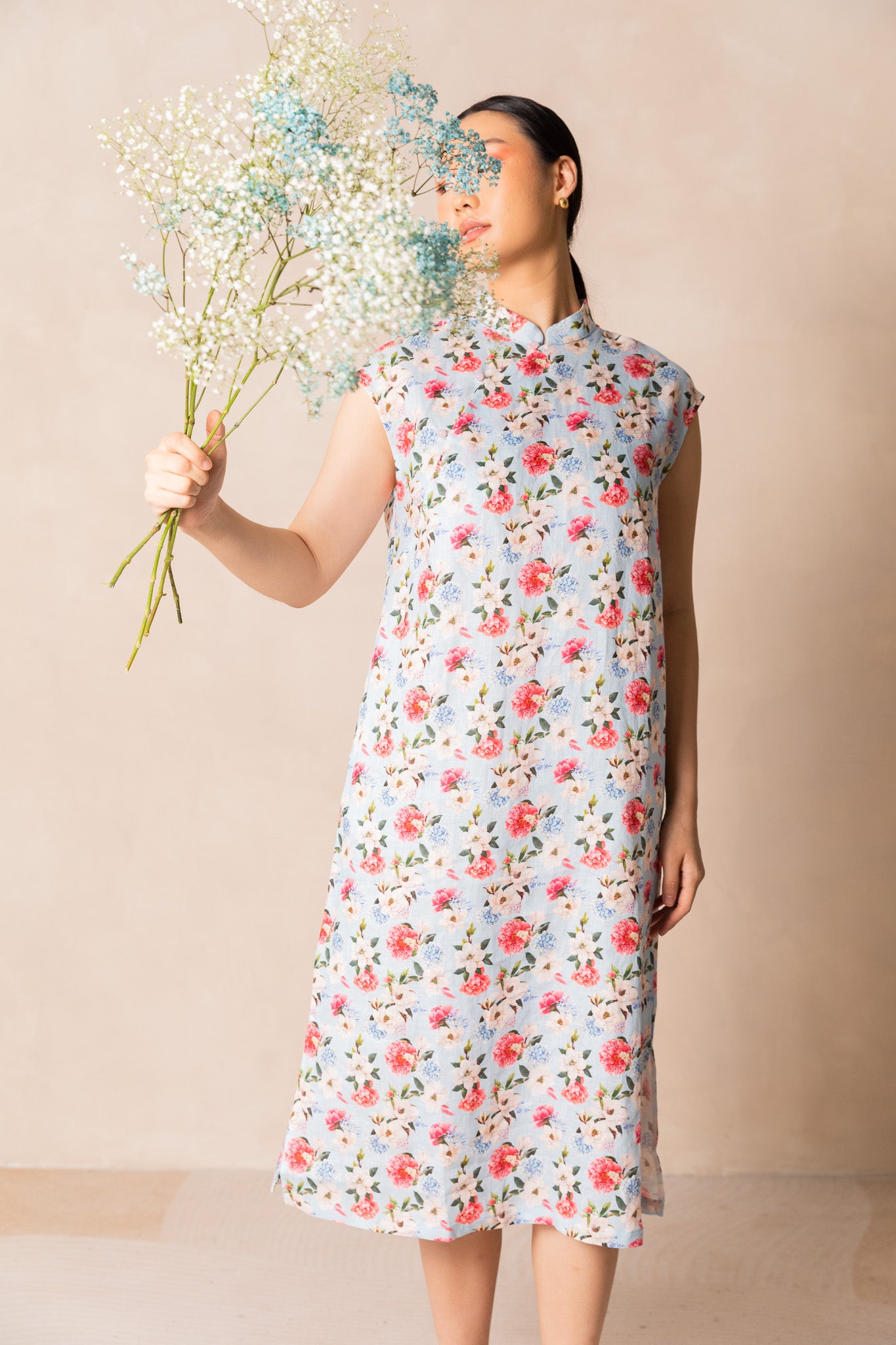 Retro Blue Peony Print Cap Sleeve Cheongsam Dress, available on You Living