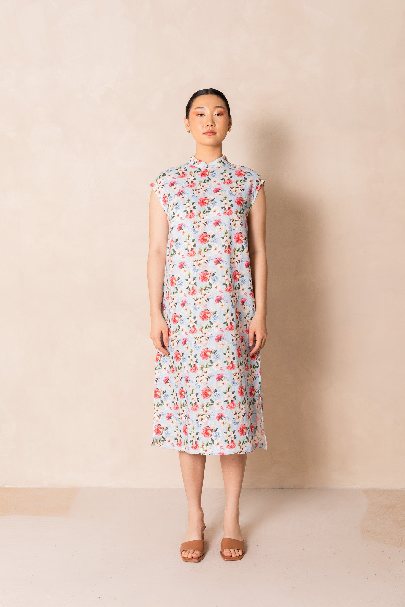 Retro Blue Peony Print Cap Sleeve Cheongsam Dress, available on You Living