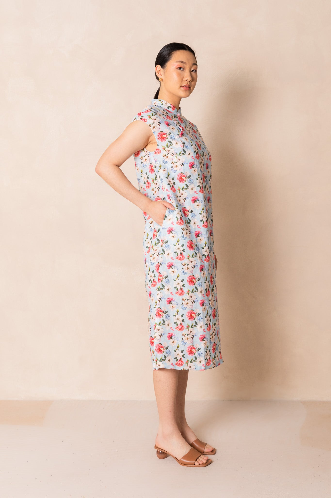 Retro Blue Peony Print Cap Sleeve Cheongsam Dress, available on You Living