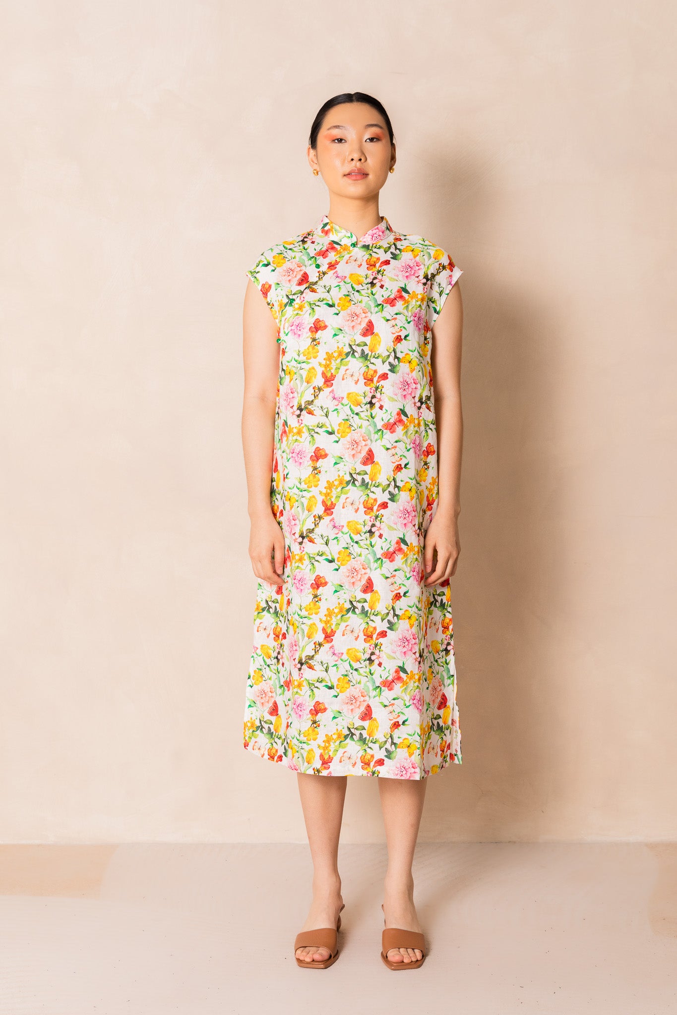 Retro Pink Peony Print Cap Sleeve Cheongsam Dress, available on You Living