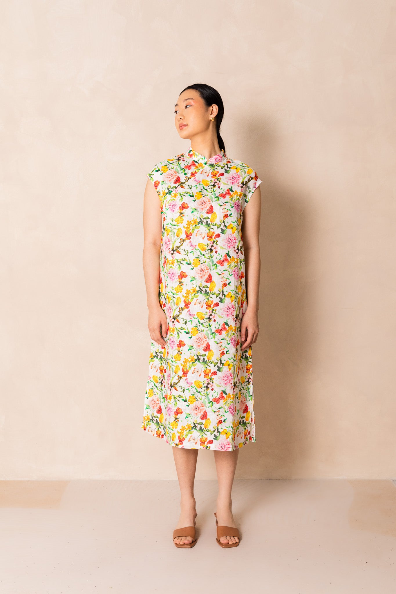 Retro Pink Peony Print Cap Sleeve Cheongsam Dress, available on You Living