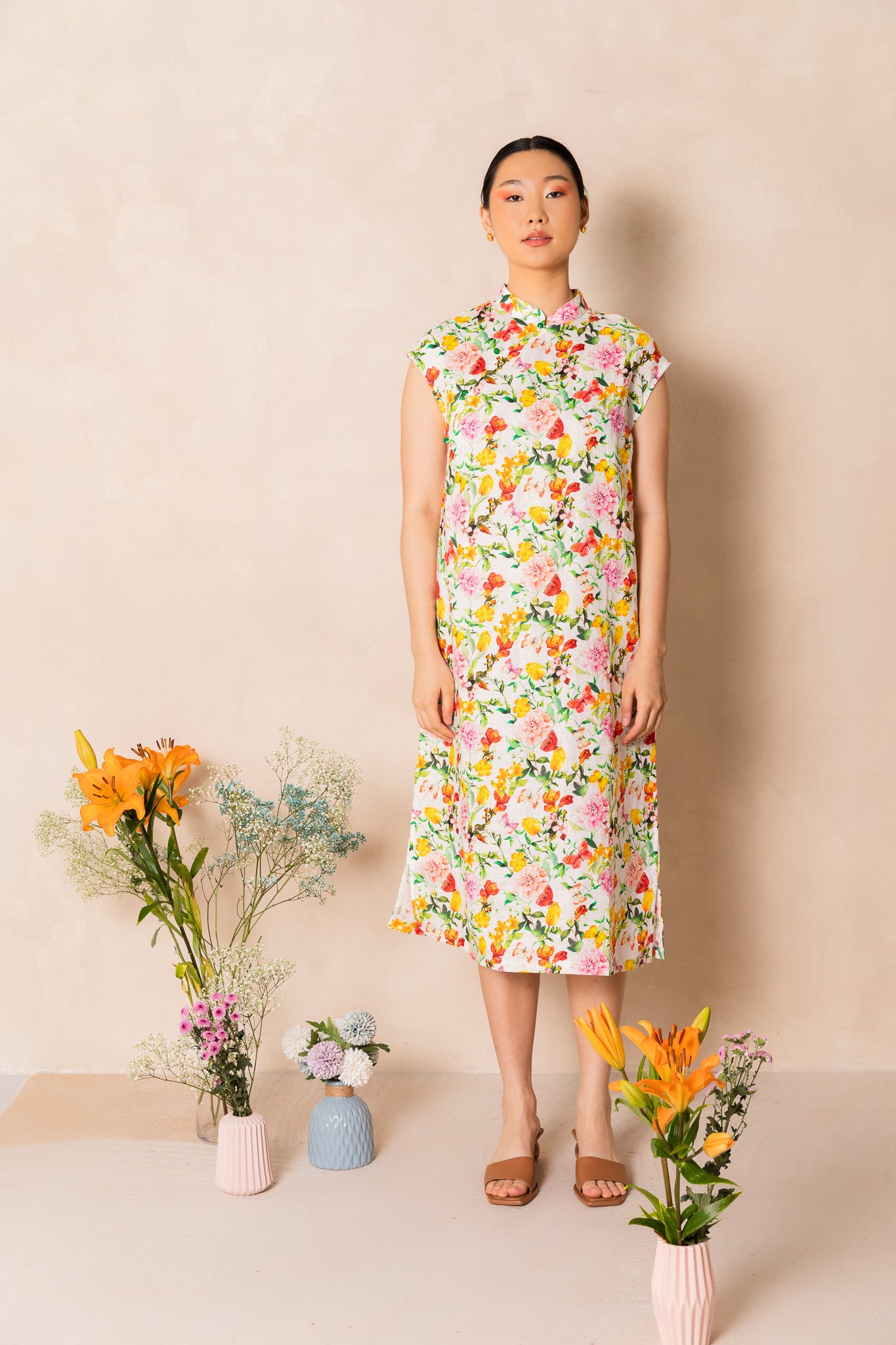 Retro Pink Peony Print Cap Sleeve Cheongsam Dress, available on You Living